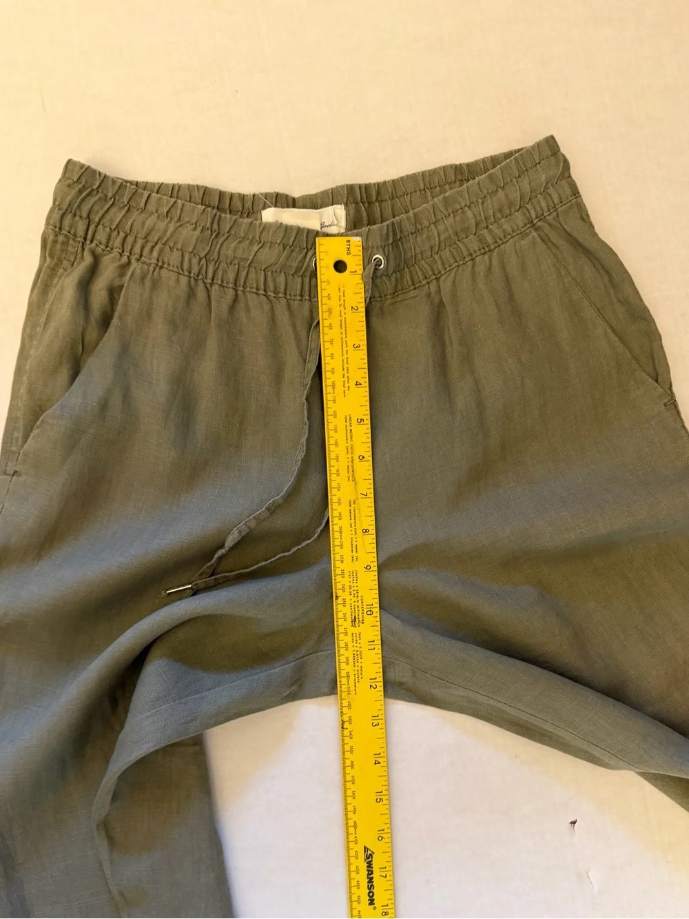 H&M khaki Green Drawstring 100% Linen Womens Pants Sz-6. FF13